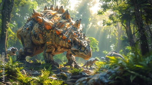 Ankylosaurus defending itself from a predator in a dense forest with other dinosaurs