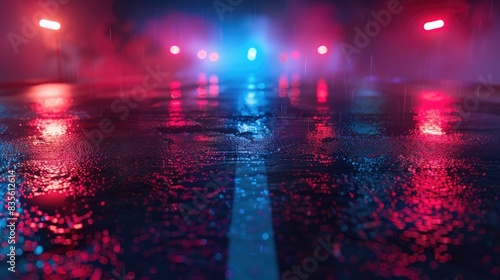 Light effect, blurred background. Wet asphalt, night view of the city, neon reflections on the concrete floor. Night empty stage, studio. Dark abstract background, dark empty street. Night