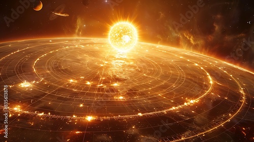 artistic representation of the heliosphere surrounding the Solar System with the Sun in the center emitting solar wind