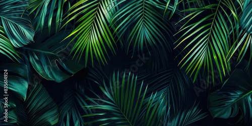 Tropical palm leaves pattern with negative space for text or branding, suitable for tropical-themed websites, blogs, or advertisements. 