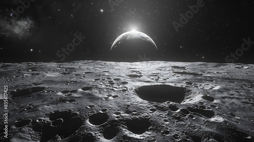 astronaut's perspective of the Earthrise over the Moon's horizon with the blackness of space beyond