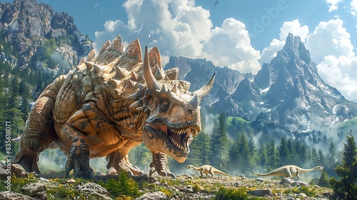 Einiosaurus defending its territory from a predator in a mountainous terrain with other dinosaurs nearby