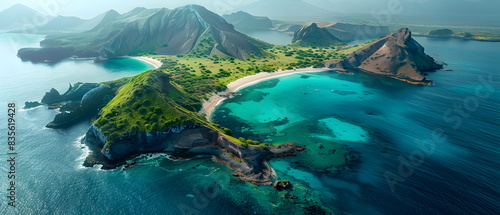 8k, Top view widescreen of Seascape The wonders of the Galapagos ecosystem, A tropical underwater scene with fish, coral reefs, and a diver in the blue ocean