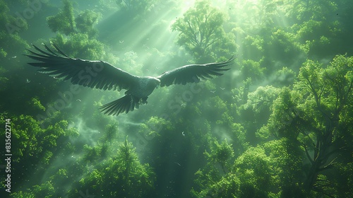 Microraptor gliding between trees a dense forest with sunlight filtering through the canopy