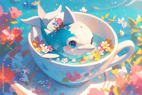 A super cute dolphin calf with blue eyes sitting in a teacup, surrounded by colorful flowers and wearing a tiny bow tie