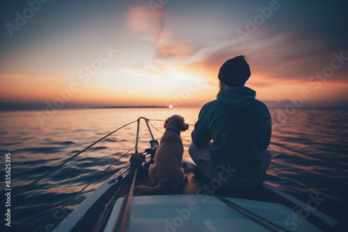Sailor meditating with a dog on the bow of a boat at sunset