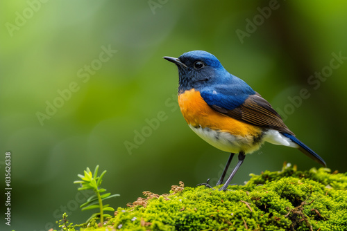 Beautiful blue bird, White-bellied Redstart (Luscinia phaenicuroides) standing on green mossy ground, exotic nature