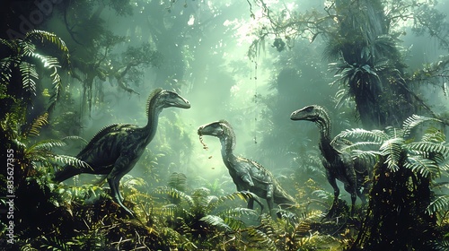 Sinornithosaurus hunting a dense misty jungle with ancient ferns and mosscovered trees