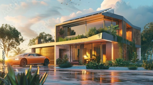 Modern house with solar panels and electric cars