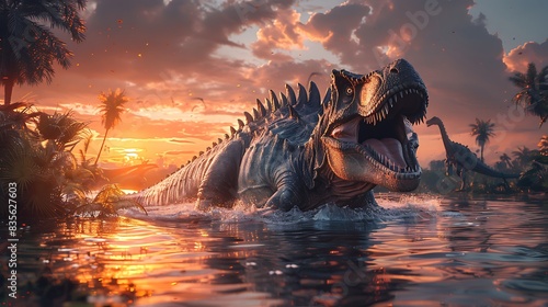 Spinosaurus swimming gracefully a river with a sunset in the background and other dinosaurs nearby