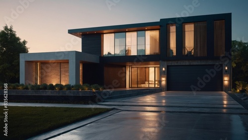 modern luxury house with garage door and concrete floor