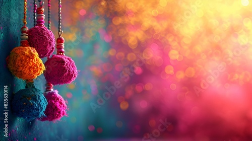 Colorful pom poms hanging from strings on a wall