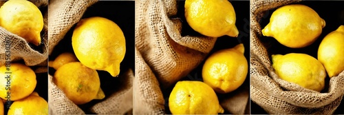 set of fresh delicious lemon fruits in burlap sack