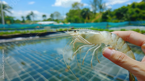 farmer holding white vannamei prawn with his hand, modern shrimp farming pond environment