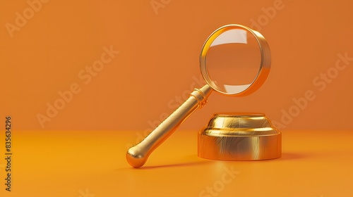 Judge hammer with magnifying glass isolated on orange background. 3d illustration