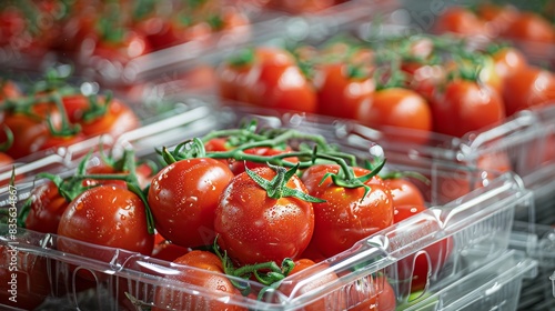 Tomatoes in plastic crates, tightly packed and ready for shipment, with a focus on the uniformity and quality of the produce