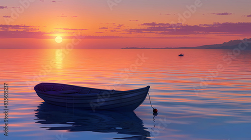 A calm sea with a small boat floating