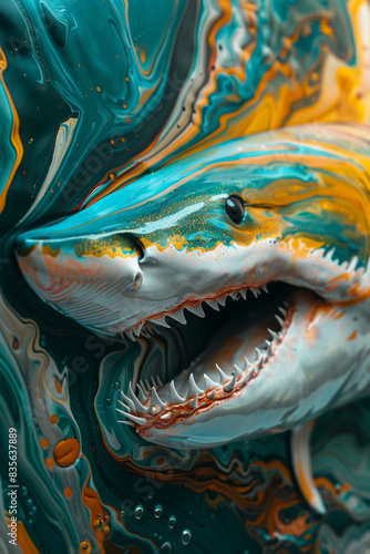 Abstract art shark and venom liquid, close up, theme of marine threat, whimsical, overlay, underwater cave backdrop