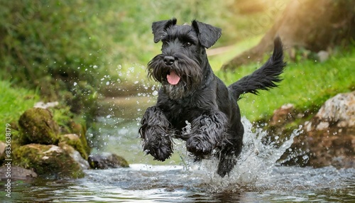Black Schnauzer happily jumping into a stream