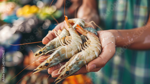 farmer holding shrimp with both hands, traditional market environment