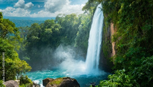 breath taking waterfall in the middle of the rain forest, copy space for text.