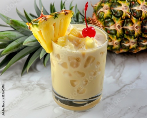 A creamy and indulgent pina colada garnished with a pineapple wedge and maraschino cherry , super realistic