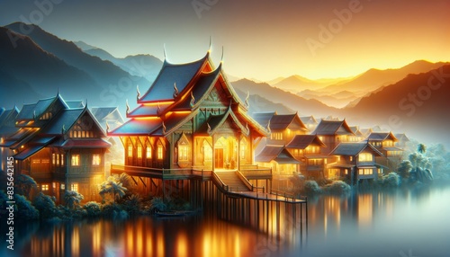 Traditional Thai house: Serene village by the water at sunset, featuring traditional architecture, glowing lights, and a tranquil mountain backdrop.