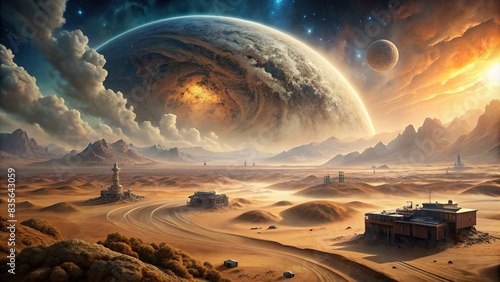 Desolate planet landscape with swirling dust storms and abandoned technology, stranded, barren, sci-fi, alien, futuristic, desolate, wasteland, isolation, abandoned, technology, space