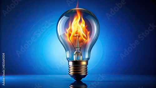 Lightbulb with fire burning inside, rendering on blue background, lightbulb, fire, flames, energy, creativity, invention, innovation, concept, idea, bright, power, hot, illumination
