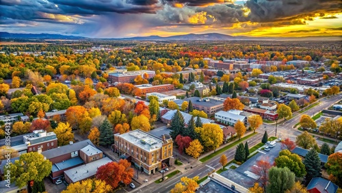 Autumnal aerial view of downtown in Fort Collins, Colorado, downtown, Fort Collins, Colorado, aerial view, cityscape, autumn, fall, foliage, buildings, architecture, urban, streets, skyline
