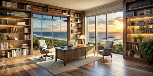 Inviting home office library with ocean beach scenery, soft sunlight, and contemporary decor , home office, library, scenic, nature, soft sunlight, ocean beach, bookshelf