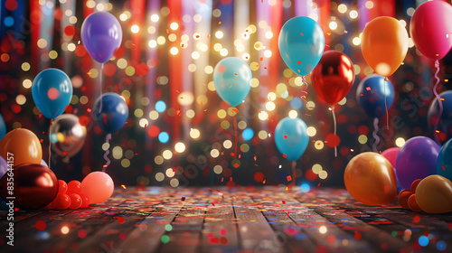 A delightful event with a gift box, golden balloons, and a celebratory curtain.