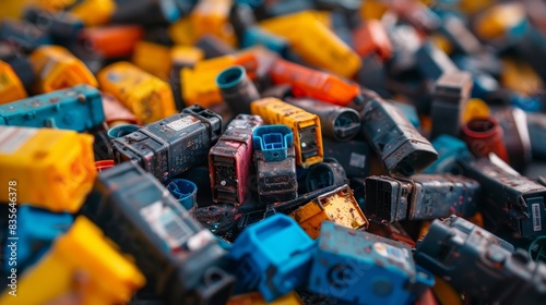 Close-up of a garbage pile full of empty ink cartridges, showing different shapes and sizes