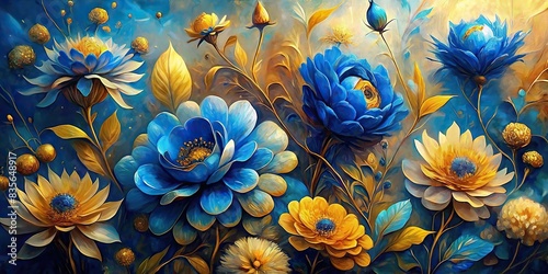 Vibrant oil painting of colorful blue and gold flowers , art, painting, artistic, oil, vibrant, colorful, blue, gold, flowers, nature, botanical, abstract, decorative, decor, texture