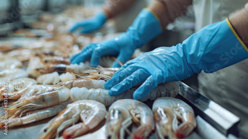 Quality inspection of farmed shrimp on a conveyor of a shellfish and pranws production plant