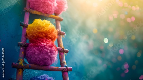 Colorful pom poms arranged on a ladder.