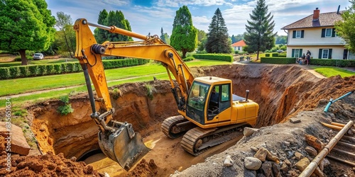 Excavator digging hole for plumbing and septic tank installation , construction, heavy equipment, excavation, digging, machinery, utility work, construction site, sewer system