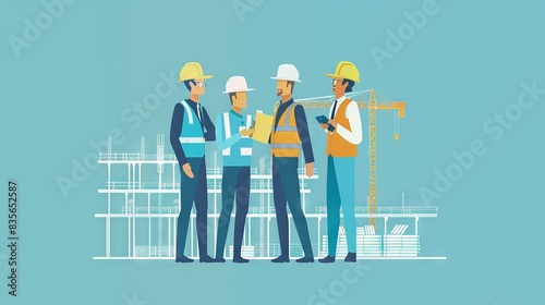 An illustration in 2D flat style showing a construction manager coordinating with subcontractors and suppliers at a site. The minimalist design focuses on the logistical and organizational aspects of
