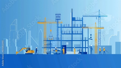 An illustration in 2D flat style showing a construction manager coordinating with subcontractors and suppliers at a site. The minimalist design focuses on the logistical and organizational aspects of