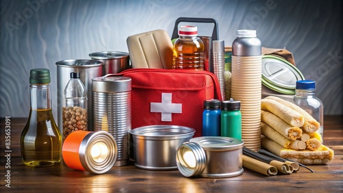 Disaster prevention kit with emergency supplies including flashlight, first aid kit, and non-perishable food , emergency, preparedness, survival, earthquake, hurricane, safety, flashlight