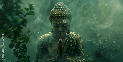 Buddha statue in a serene and mystical green background, conveying peace and spirituality. Suitable for religious and spiritual contexts and meditation practices.