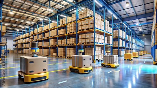 Autonomous mobile robots (AMRs) efficiently transporting materials in a warehouse , warehouse, automation, technology, logistics, robots, movement, industry, supply chain, storage