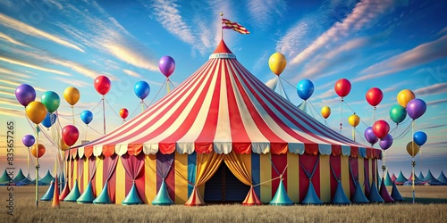 Colorful circus tent with striped canopy and balloons, without people, circus, tent, canopy, colorful, balloons, streamers, festive, celebration, entertainment, performance, amusement