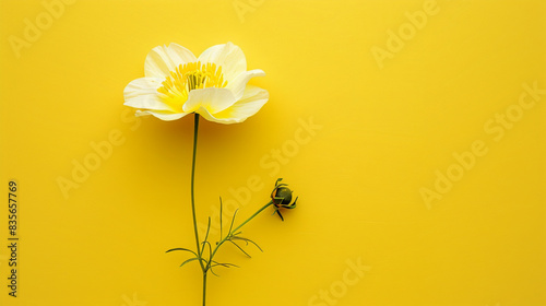 A buttercup on a flat lemon yellow background,