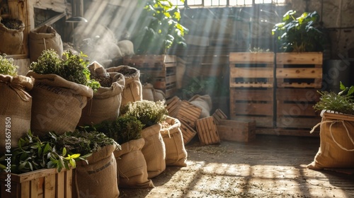 Burlap sacks of dried herbs being loaded into wooden crates, ready for shipment, in a sunlit barn