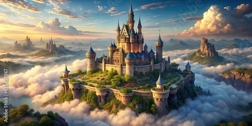 Top view of a fantasy castle floating in a skyhigh kingdom, featuring a scifi tone and analogous color scheme , fantasy, castle, floating, sky, kingdom, scifi, top view,fantasy, skyhigh