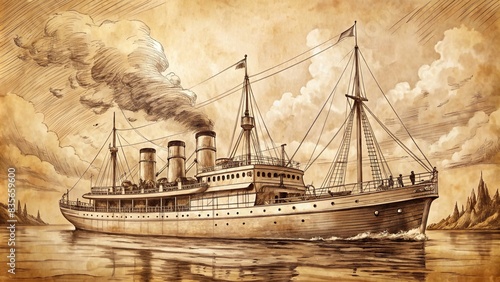 Vintage steam ship sketch on background, vintage, steam ship, sketch,, background, old, classic, retro, nautical, maritime, historical, transportation, sea, ocean, vessel, boat