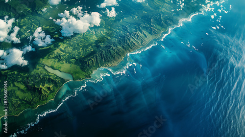 A breathtaking aerial view of a coastal landscape with clear blue waters meeting lush green land, highlighting the beauty and diversity of natural environments