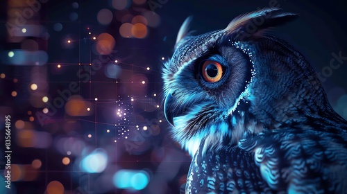 Owl Close-Up: Explore the Futuristic Gaze of Nocturnal Wisdom, Overlay layers with city background and holograms of technology icons are in the foreground, intersected by glowing neon lines,