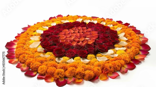 A vibrant side view of a traditional flower rangoli for Diwali